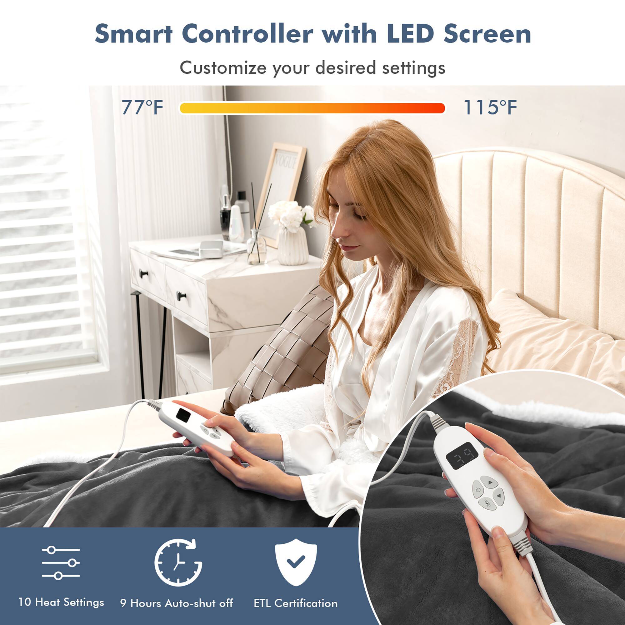 Smart Controller with LED Screen: Customize your desired settings (77F, 115F) with NO GUESS 10 Heat Settings and 9 Hours Auto-shut off. ETL Certification.