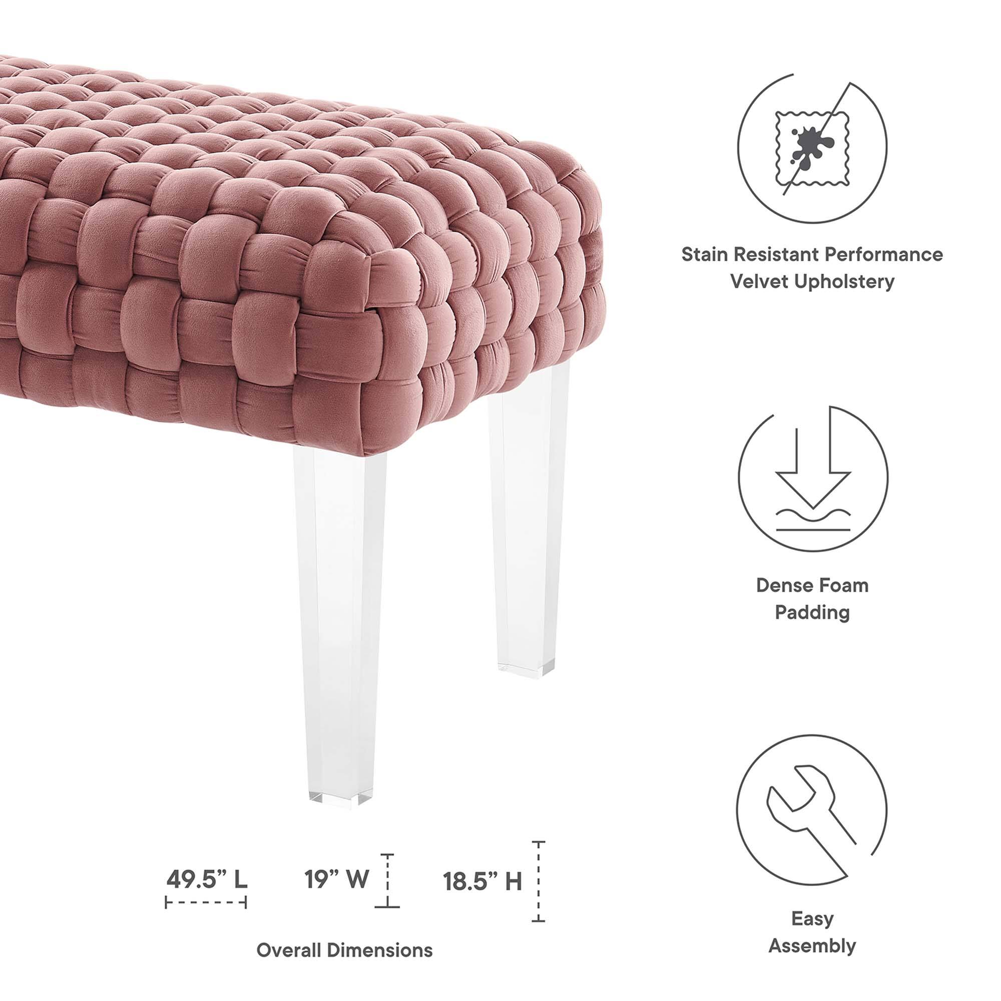 - Stain Resistant Performance Velvet Upholstery
- Dense Foam Padding
- Overall Dimensions: 49.5" L x 19" W x 18.5" H
- Easy Assembly