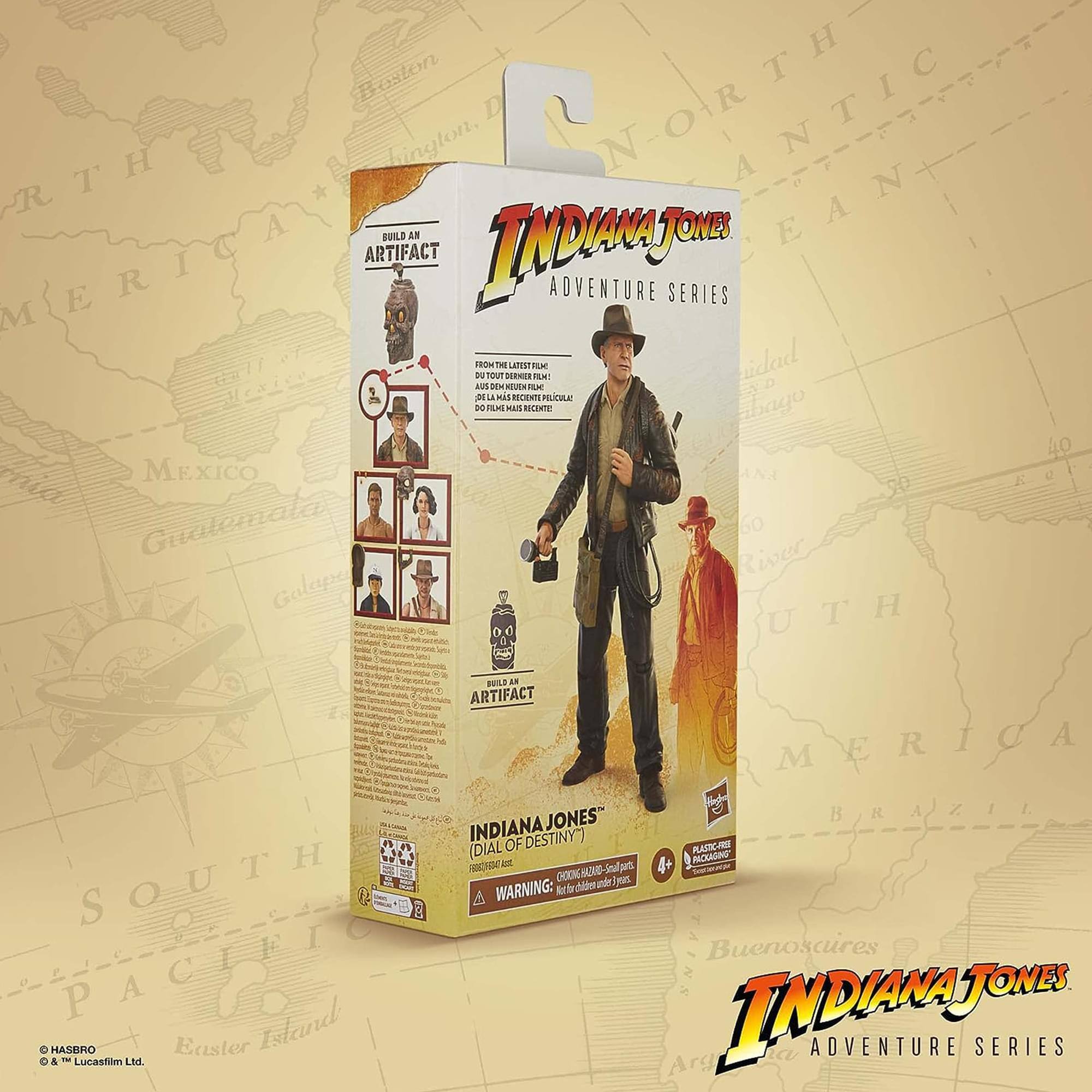 **INDIANA JONES ADVENTURE SERIES**

**BUILD AN ARTIFACT**

From the latest film, "Indiana Jones and the Dial of Destiny," build the most recent artifact from the movie. Includes a 40-piece puzzle.

**INDIANA JONES™ DESTINY (DIAL OF DESTINY)**

- Ages 4+
- WARNING: Choking hazard - Small parts. Not for children under 3 years.
- Plastic-free packaging

**INCLUDES:**
- 40-piece puzzle
- Figure of Indiana Jones
- Figure of a character from the movie
- Artifact

**HASBRO & ™ Lucasfilm Ltd.**

**INDIANA JONES ADVENTURE SERIES**