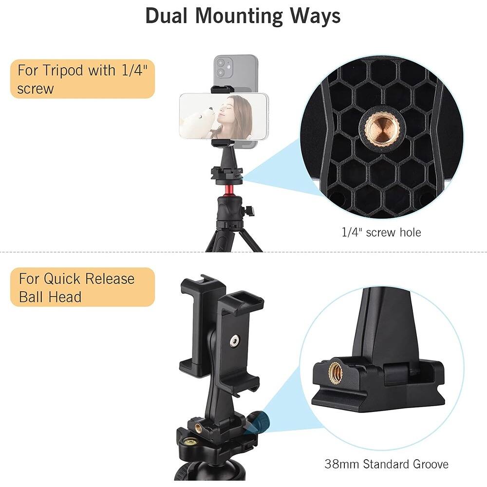 Dual Mounting Ways

For Tripod with 1/4" screw

1/4" screw hole

For Quick Release Ball Head

38mm Standard Groove