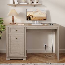 Bestier - Executive Computer Desk with Built in Power Outlet Soft Close File Cabinet Utility Drawer Thickened Wood - Sunlit Oak