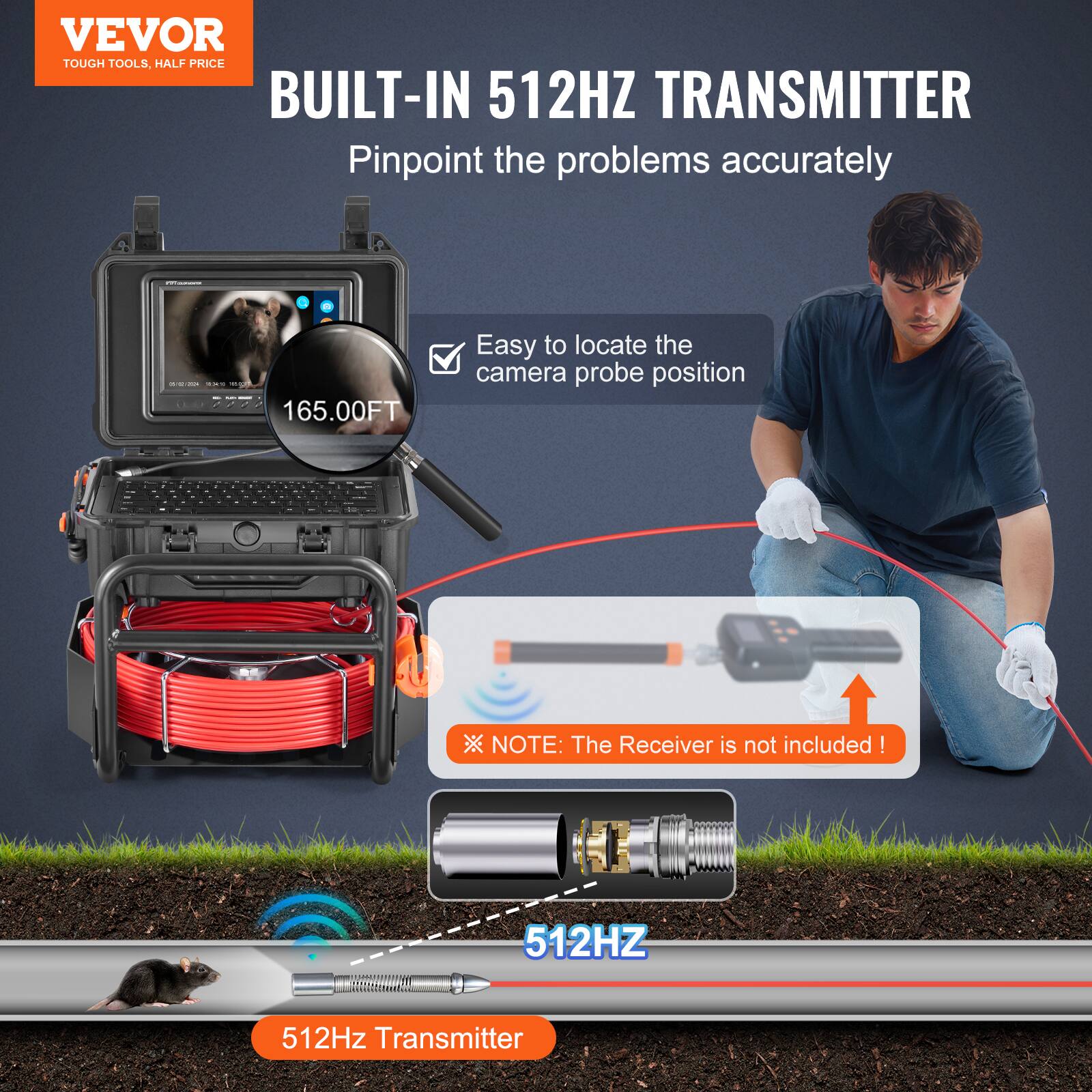 VEVOR TOUGH TOOLS, HALF PRICE

BUILT-IN 512HZ TRANSMITTER

Pinpoint the problems accurately

Easy to locate the camera probe position

165.00FT

NOTE: The Receiver is not included!

512Hz Transmitter