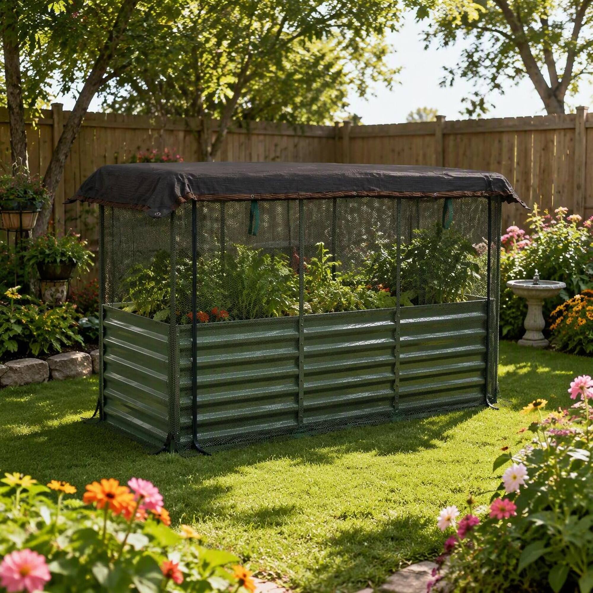 Alt View 2. RYHNUYNE - Galvanized Steel Raised Garden Bed with Crop Cage and Shade Cloth for Vegetables Flowers and Herbs - Dark Green.
