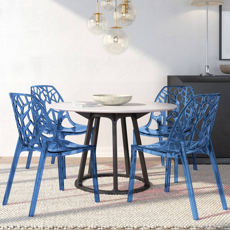 Angle. LeisureMod - Cornelia 4-Pieces Stackable Plastic Dining Chair with Cut-Out Backrest and Fully Assembled - Transparent Blue.
