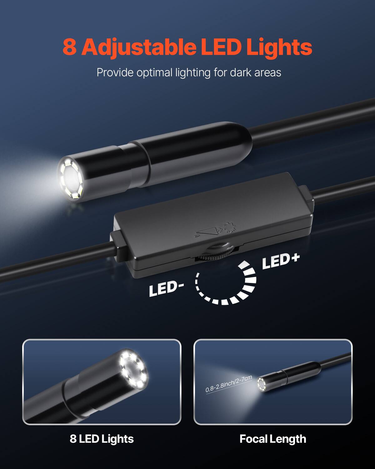 8 Adjustable LED Lights  
Provide optimal lighting for dark areas  

LED- LED+  

0.8-2.8 inch/2-7 cm  

8 LED Lights  

Focal Length