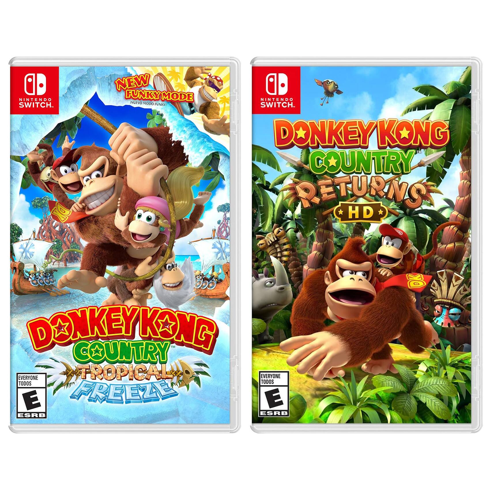 NINTENDO SWITCH.  
NEW FUNKY MODE  
DONKEY KONG COUNTRY RETURNS * HD *  
DONKEY KONG COUNTRY TROPICAL FREEZE  
EVERYONE  
ESRB  
TODOS