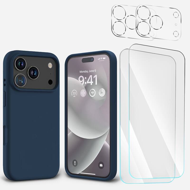 Entronix - 5-in-1 Complete Protection Bundle for iPhone 17 Pro Max - Liquid Silicone Case & Screen Protectors - Navy Blue