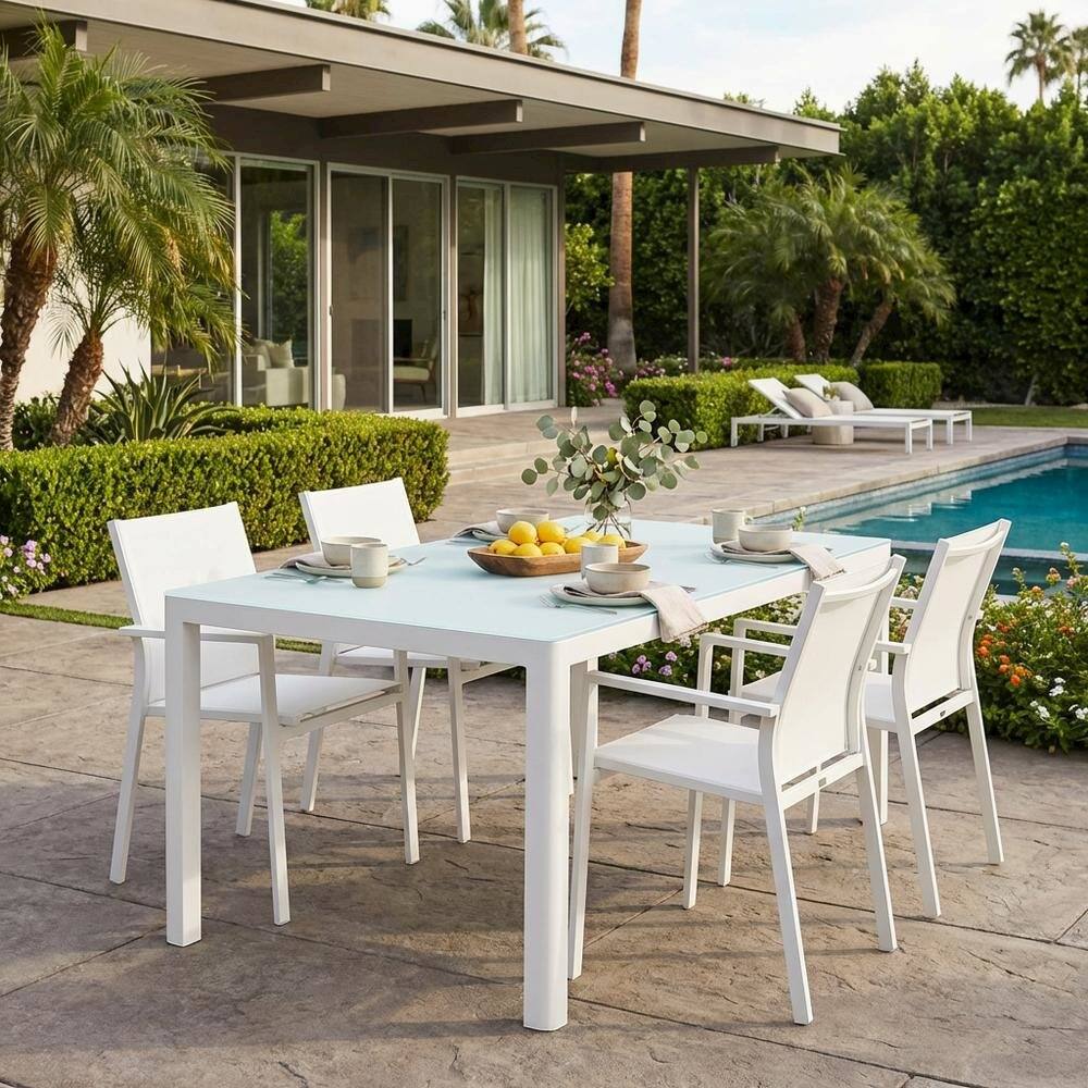 Left. Outdoor Escape - Sturdy Aluminum Outdoor Dining Table With Weatherproof Finish For Patios - White.