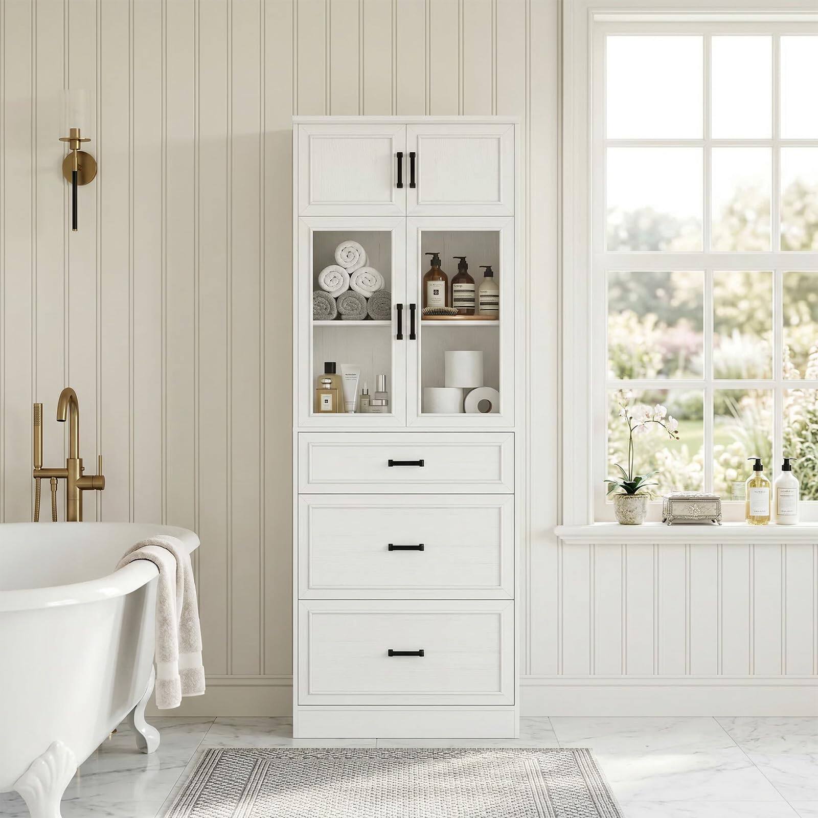 Alt View 2. Aheaplus - 80" Tall Kitchen Pantry: Glass Doors, 3 Drawers & Adjustable Shelves - White.