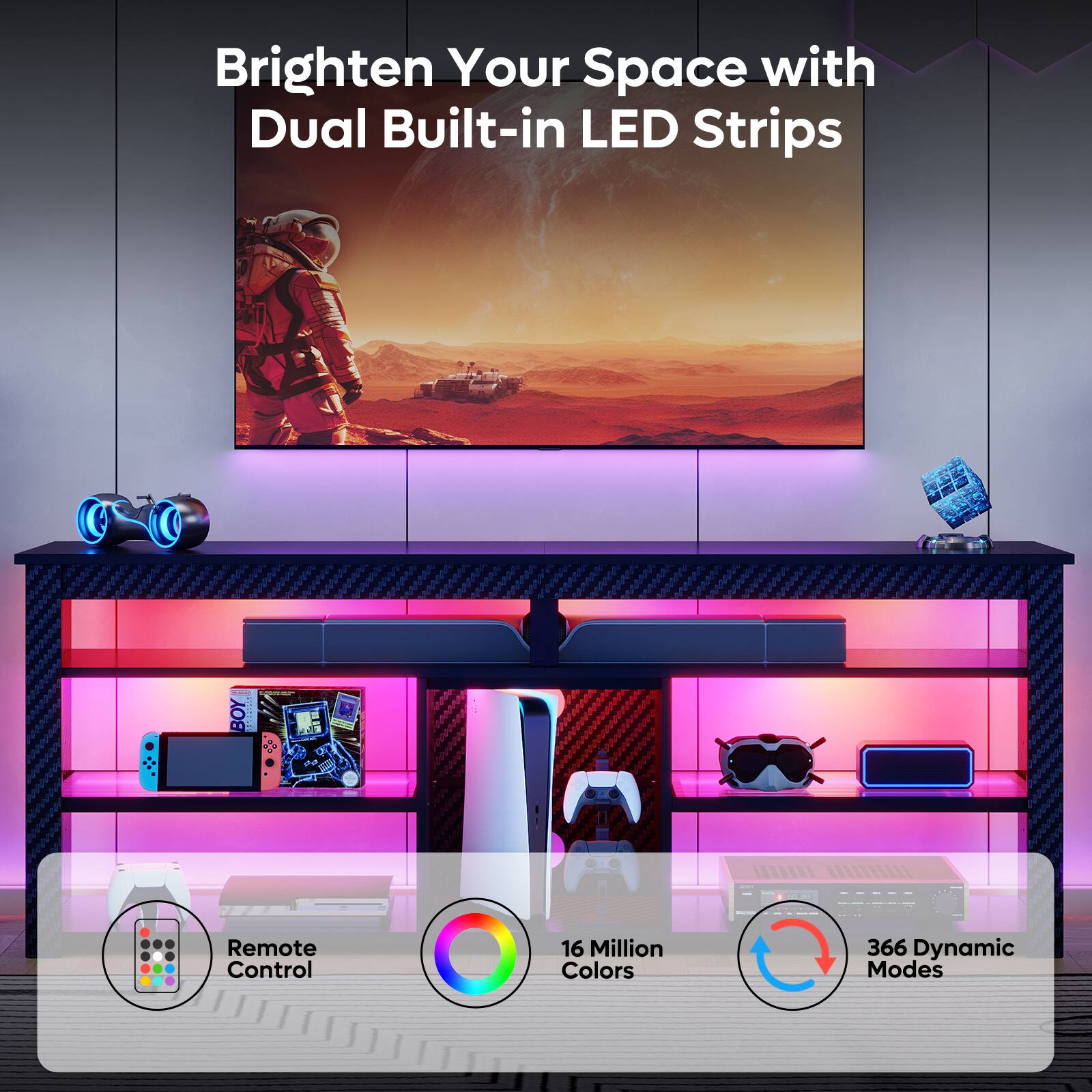 Brighten Your Space with Dual Built-in LED Strips: 16 Million Colors, 366 Dynamic Modes, Remote Control.