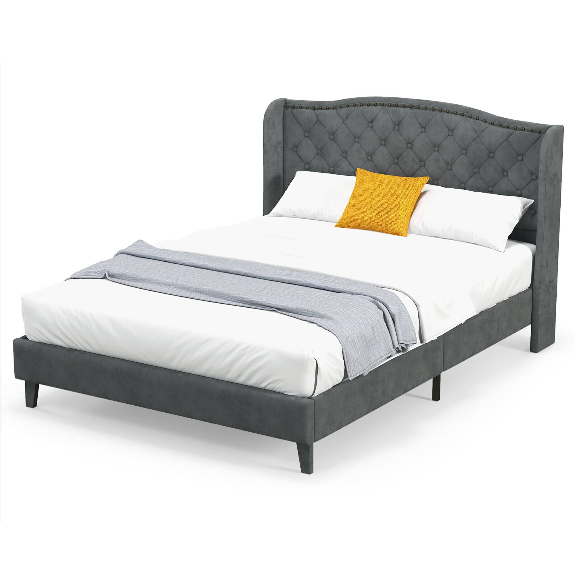 Alt View 9. Gymax - Gymax Full Upholstered Platform Bed Frame w/ Button Tufted Headboard Wooden Slats - Grey.