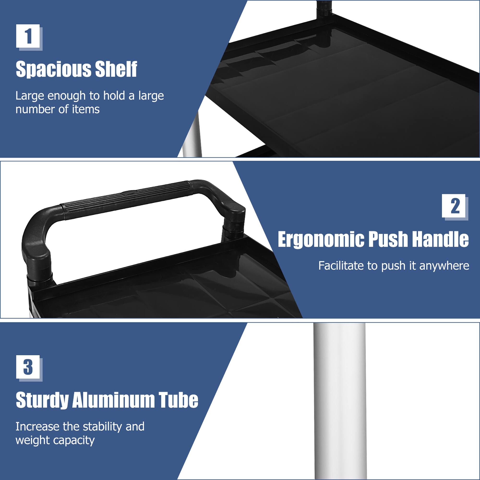1. Spacious Shelf  
   Large enough to hold a large number of items

2. Ergonomic Push Handle  
   Facilitate to push it anywhere

3. Sturdy Aluminum Tube  
   Increase the stability and weight capacity
