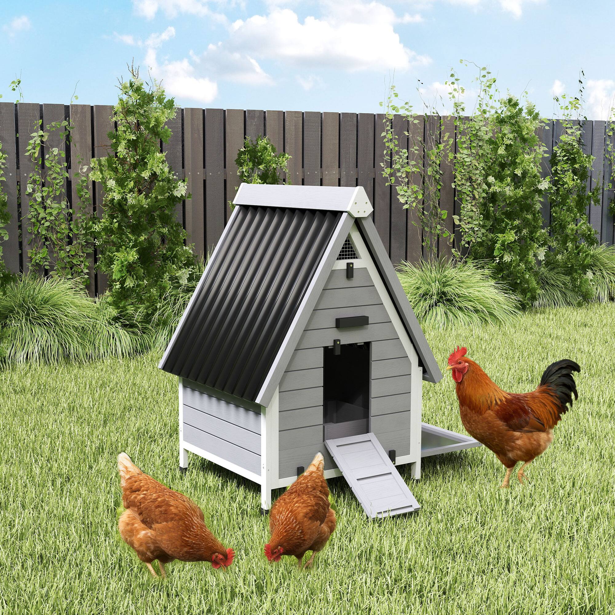 Alt View 7. Pawhut - Coop for 2 Chickens, Outdoor Wooden Chicken House with Removable Nesting Box & Roosting Bar - Gray.
