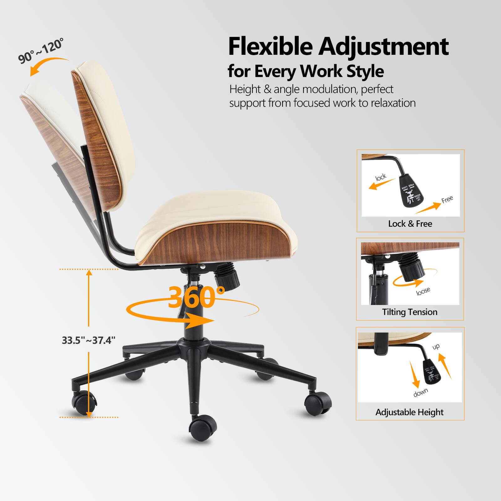 Winado Wide Curved Seat&Back Armless Home Office Chair,Adjustable ...