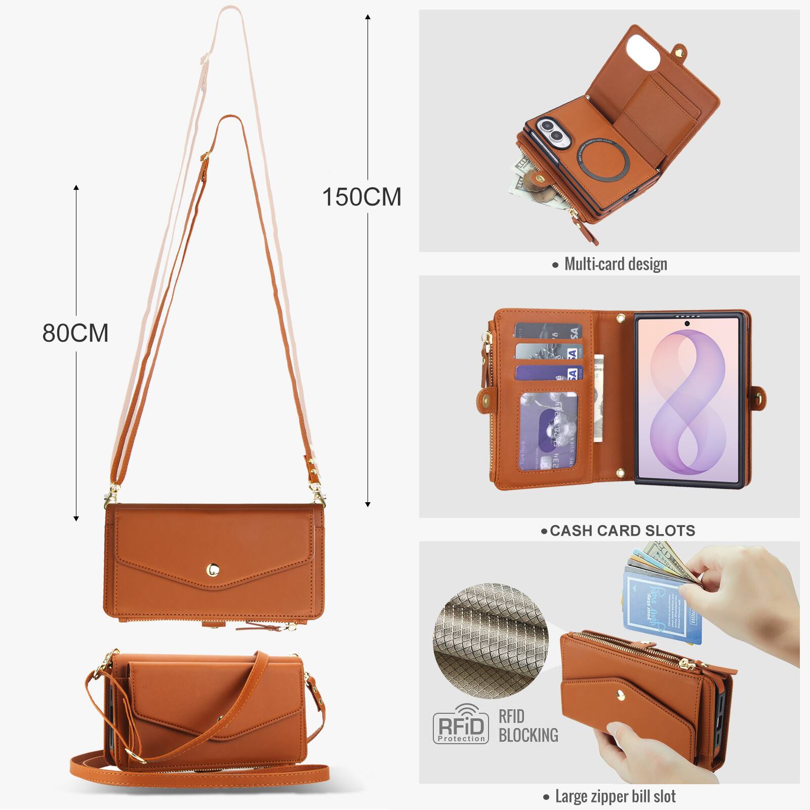 150CM  
80CM  
Multi-card design  
CASH CARD SLOTS  
RFID Protection BLOCKING  
Large zipper bill slot