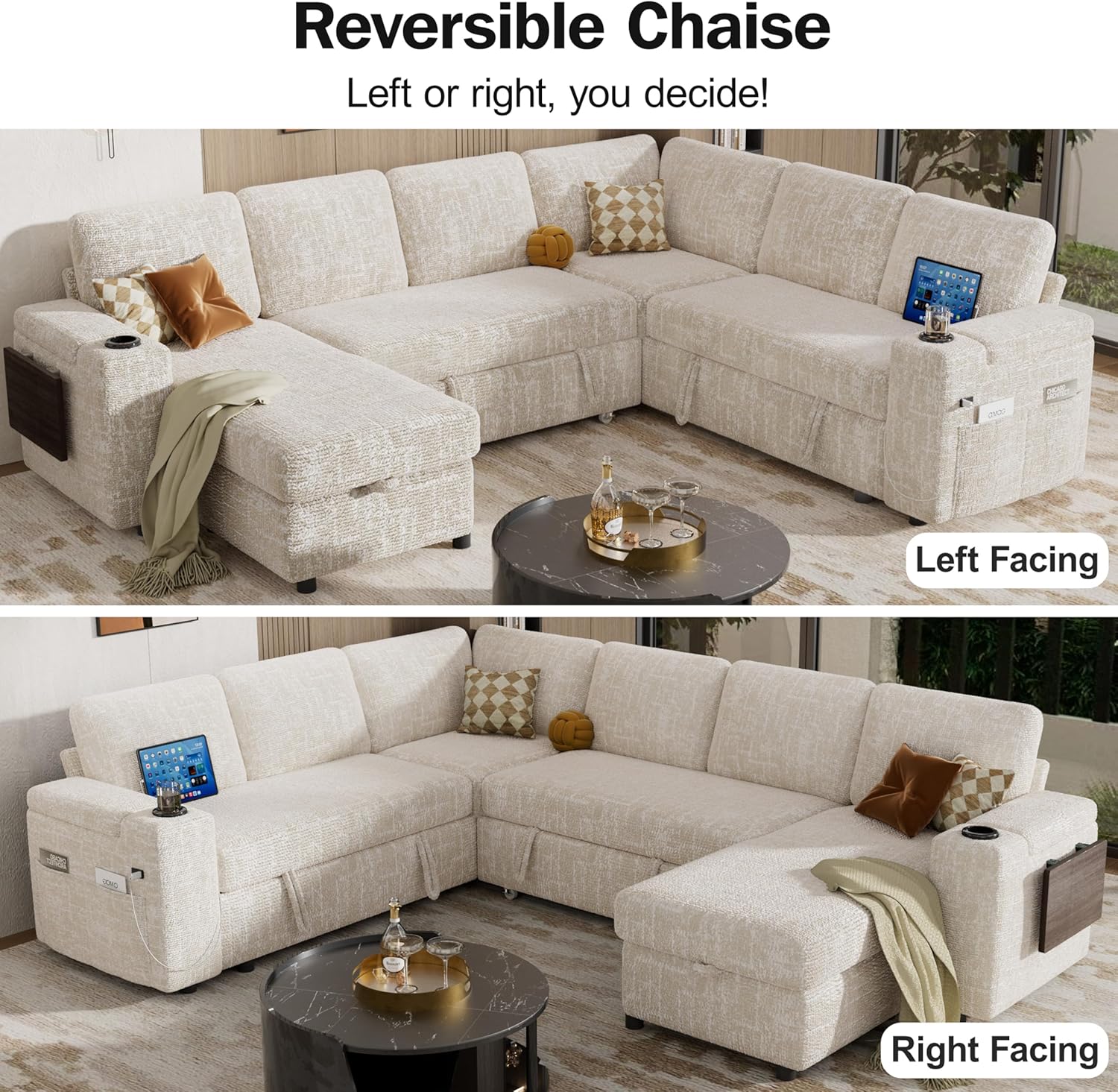 Reversible Chaise  
Left or right, you decide!  

Left Facing  
Right Facing