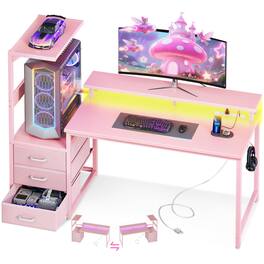 AODK - Reversible Gaming Desk with LED Lights,Charging Station,Fabric Drawers, Monitor Stand and Side Hook - Pink