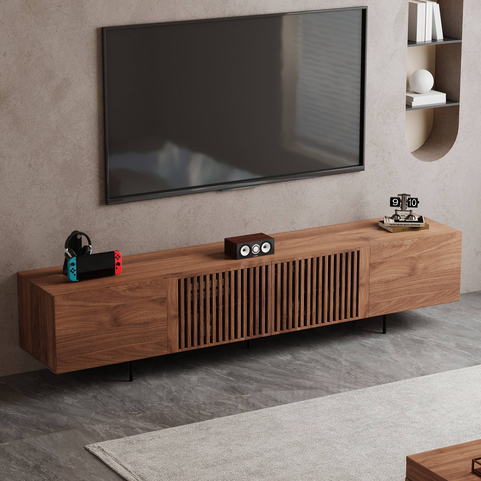 Alt View 8. luck idea - Walnut Grain TV Stand (Oversized) | Living Room Entertainment Center - Open Storage + Cable Organization - 94.48inch.