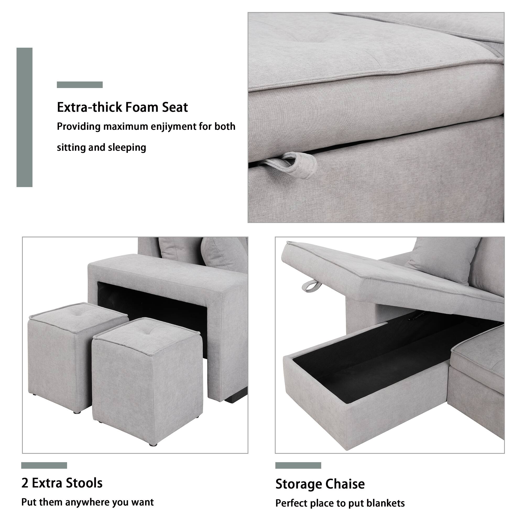 Extra-thick Foam Seat  
Providing maximum enjoyment for both sitting and sleeping  

2 Extra Stools  
Put them anywhere you want  

Storage Chaise  
Perfect place to put blankets