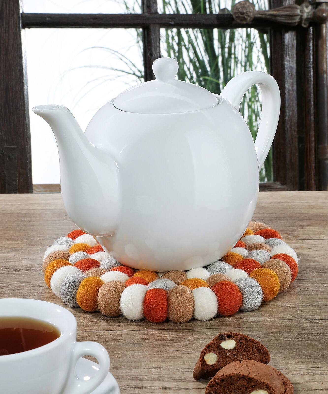 Alt View 1. Cilio - Fair Trade Virgin Sheep Wool Trivet, Handcrafted in Nepal, 8.5-Inch Round, Orange/Gray - Orange.