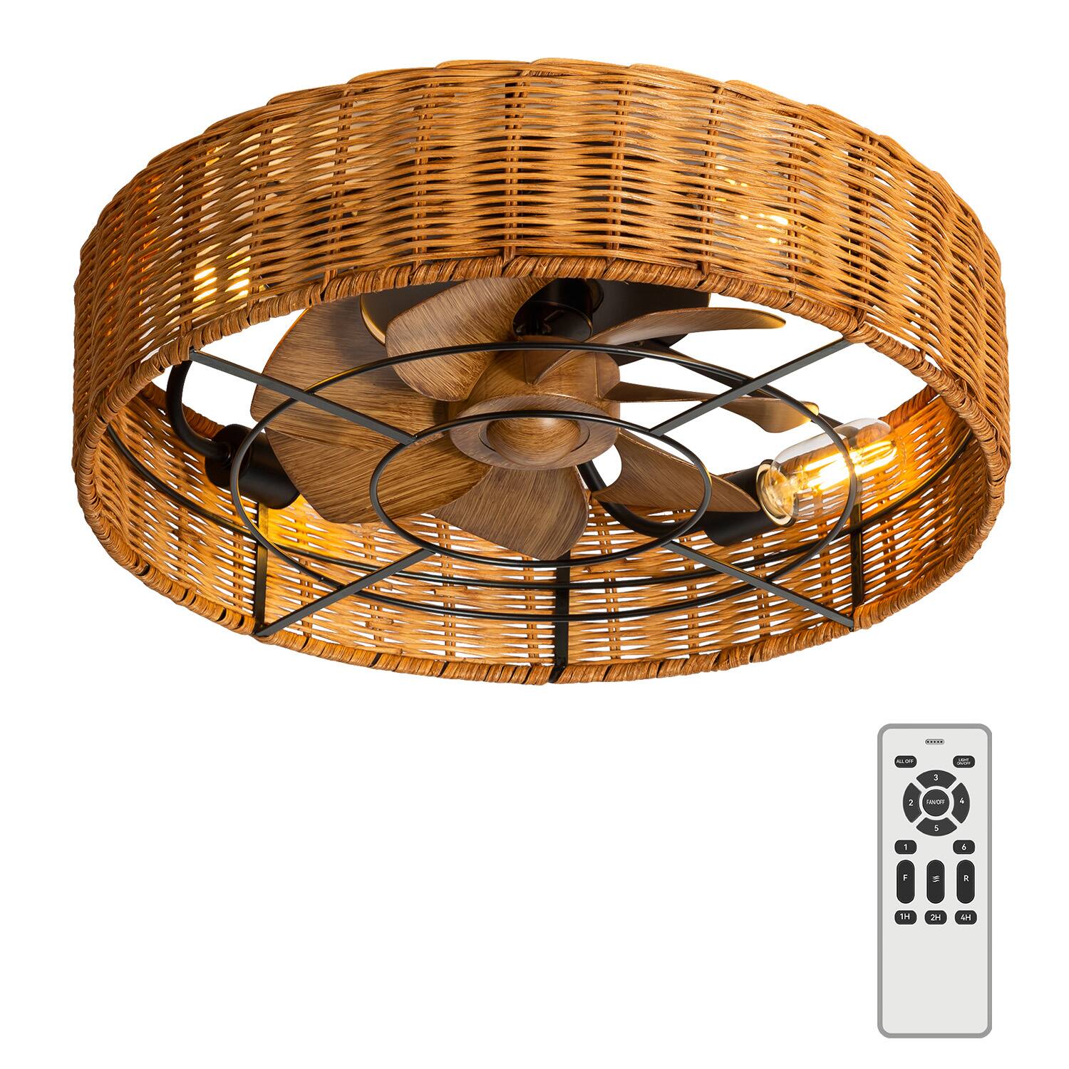 Angle. Breezary - 19" Indoor Caged Rattan Ceiling Fan with LED Light, 7 ABS Blades, 6-Speed DC Motor, Remote Control with Timer - Matte Black and Brown.