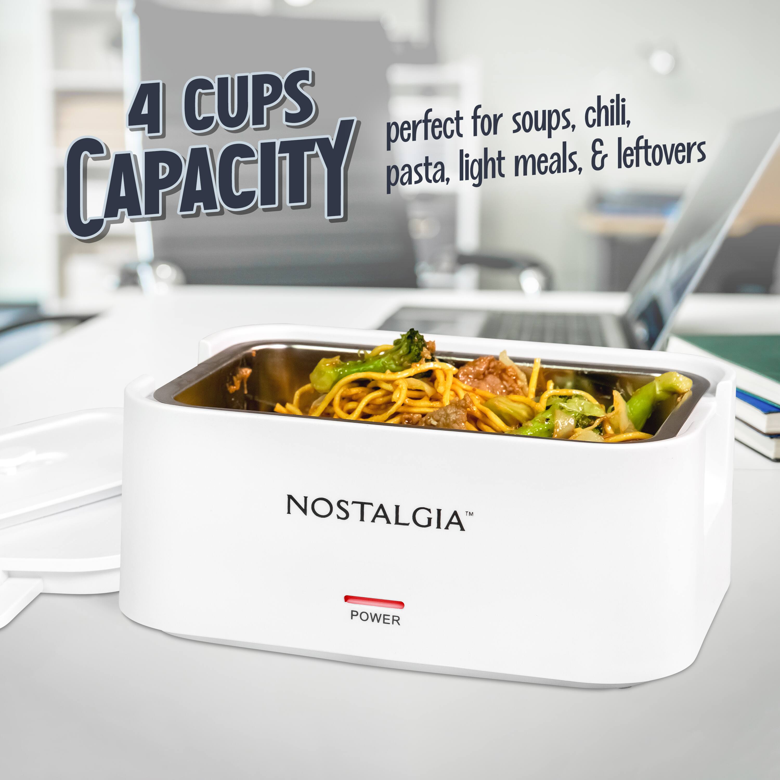 4 CUPS CAPACITY  
perfect for soups, chili, pasta, light meals, & leftovers  
NOSTALGIA™  
POWER