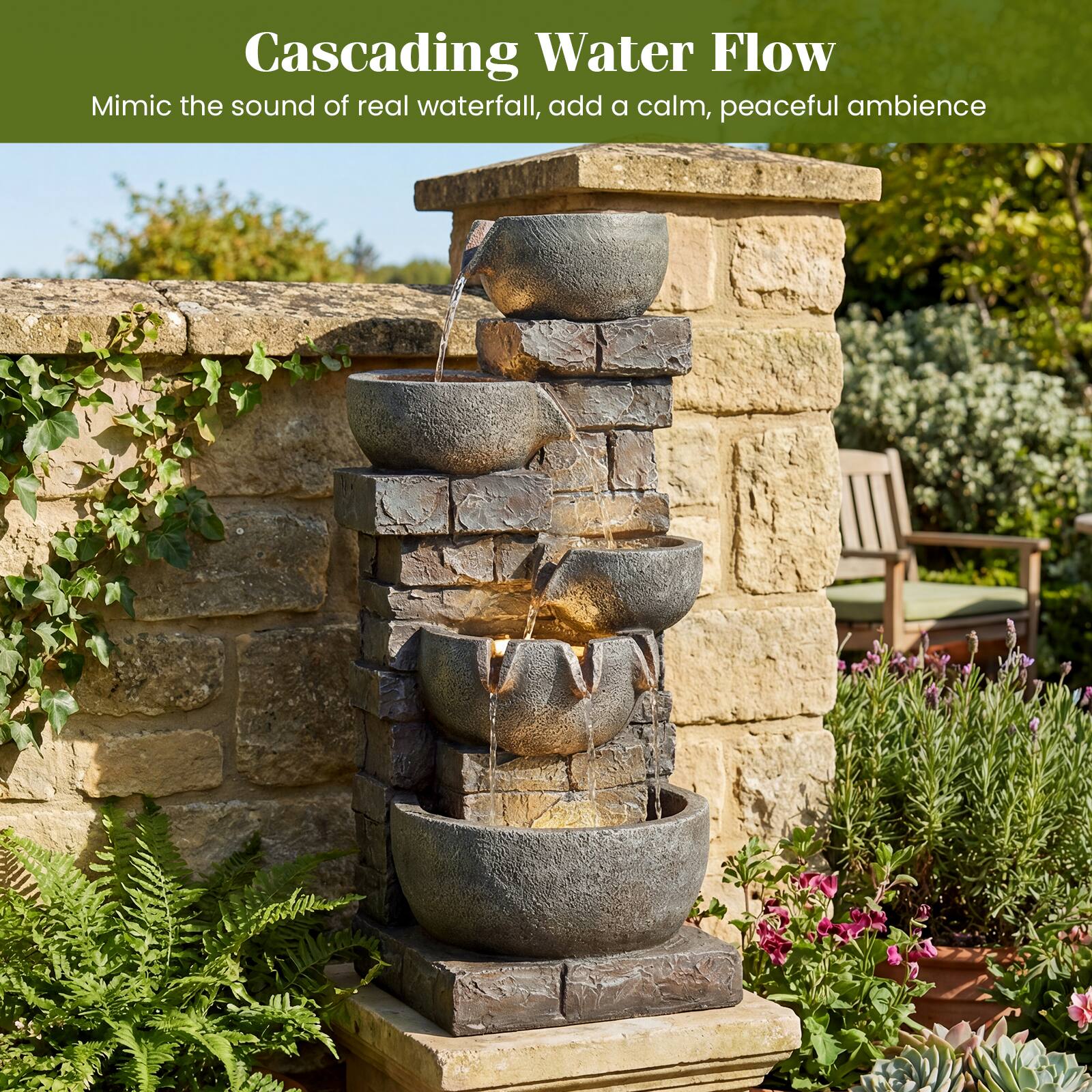 Cascading Water Flow  
Mimic the sound of real waterfall, add a calm, peaceful ambience
