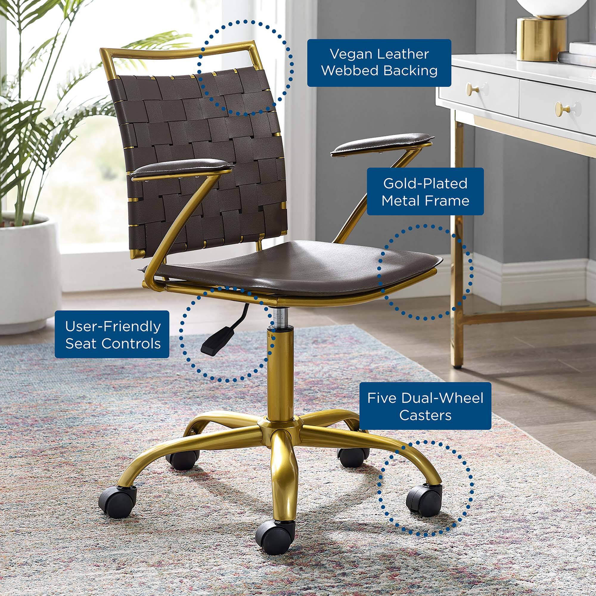 - Vegan Leather Webbed Backing
- Gold-Plated Metal Frame
- User-Friendly Seat Controls
- Five Dual-Wheel Casters