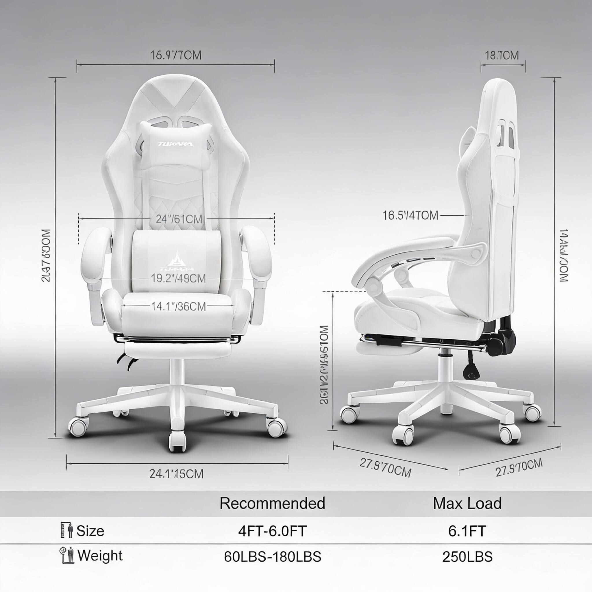 16.977M 18.7CM  
FlS WOO9 2037 24"/61CM  
16.514TOM 19.2/49CM  
1441/OM 14.1"/36CM  
20112PSSTOM 24.115CM  
27.9'70CM 27.570CM  
Recommended Max Load Size Weight  
4FT-6.0FT 60LBS-180LBS  
6.1FT 250LBS