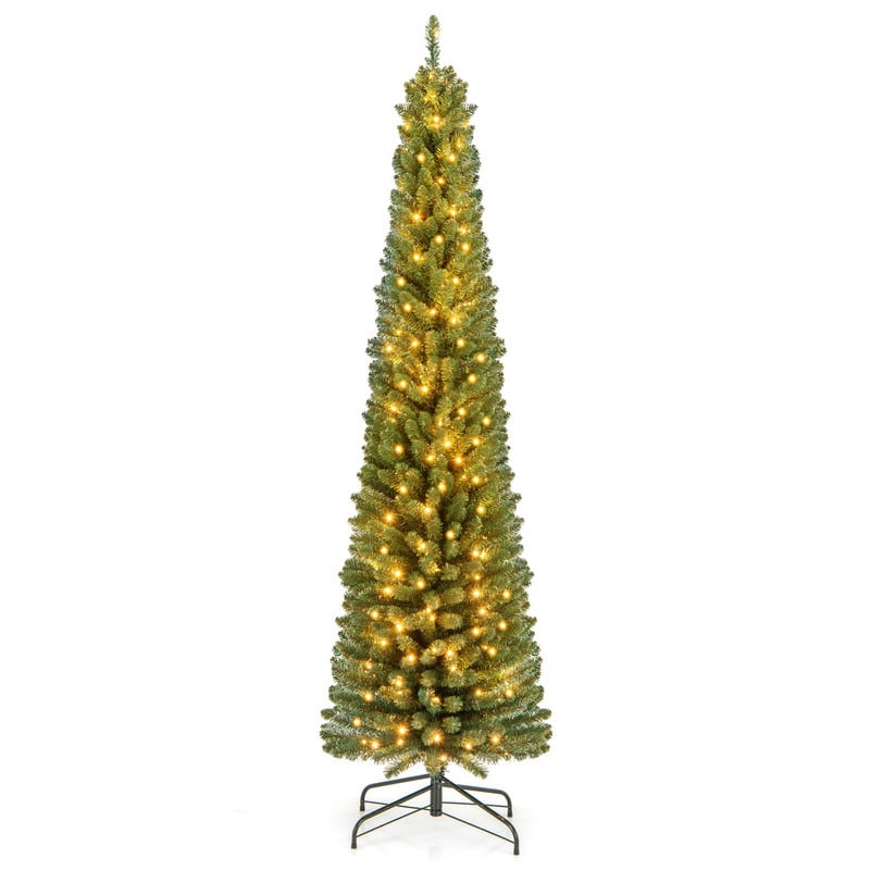 WELLFOR - 7 ft Pencil Slim Artificial Christmas Tree with Warm‑White Lights,523 Full PVC Branch Tips, Perfect‑Choice Decoration - Green