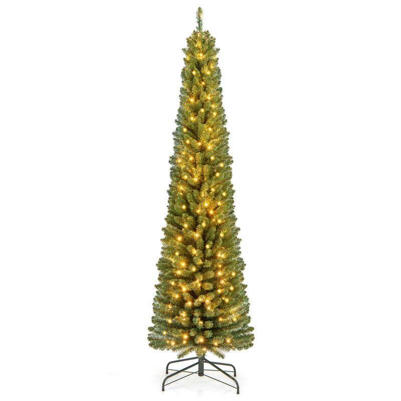 Front. WELLFOR - 7 ft  Pencil Slim Artificial Christmas Tree with Warm‑White Lights,523 Full PVC Branch Tips, Perfect‑Choice Decoration - Green.