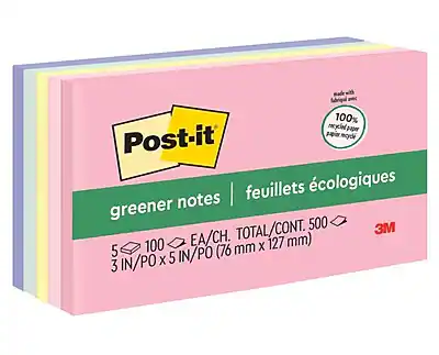Post-it
greener notes | feuillets écologiques
5 x 100 FA/CH. TOTAL/CONT. 500
3 IN/PO x 5 IN/PO (76 mm x 127 mm)
100% recyclable paper
100% papier recyclable
3M