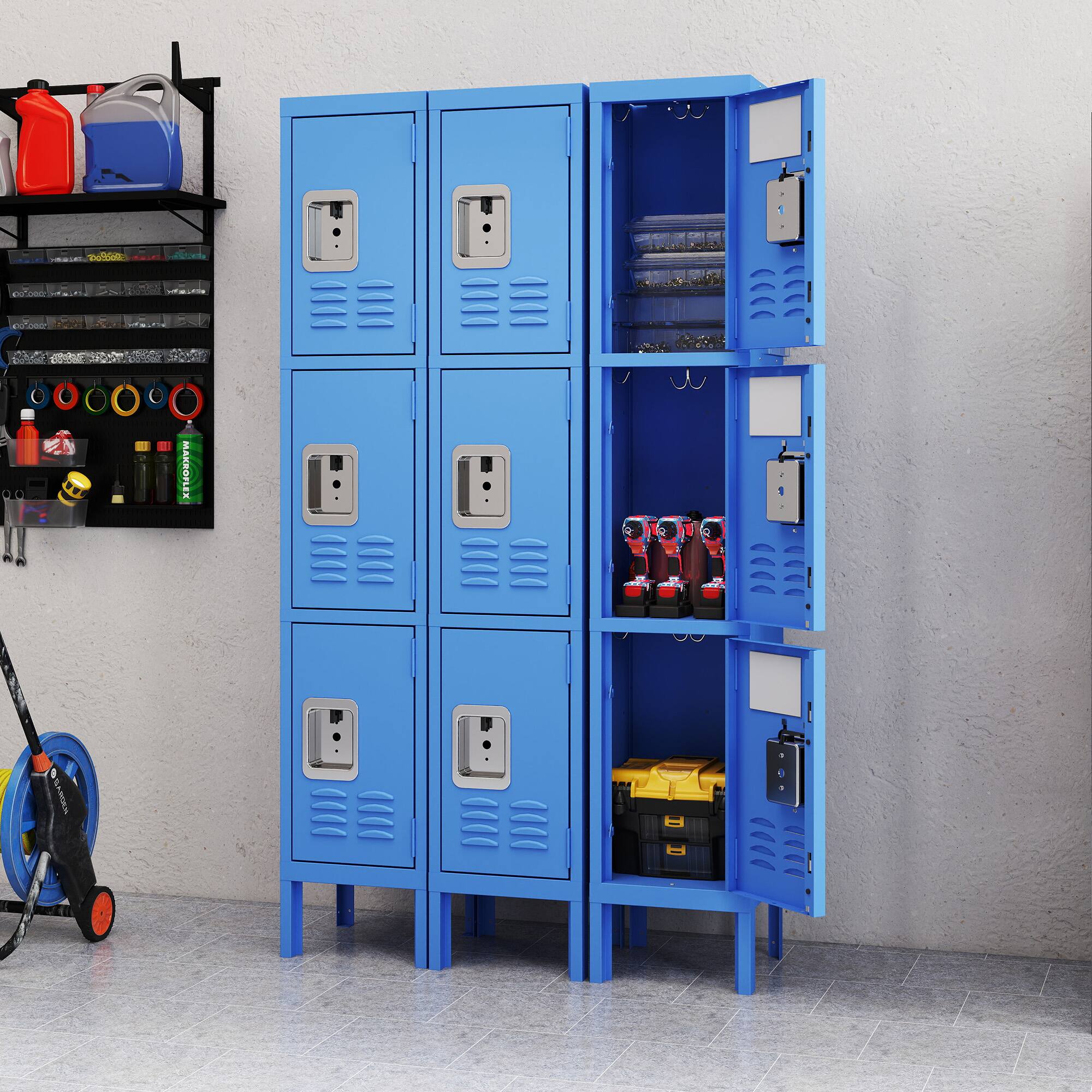 Back. Anysun - 3-Door Anti-Pry Design Metal Storage Locker with Built-in Mirror and Hooks, Only 1 PC, Assembly Required - Blue.