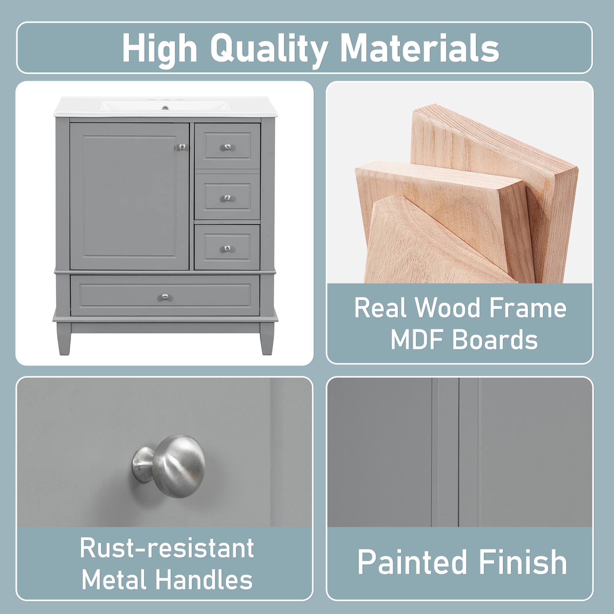 High Quality Materials

- Real Wood Frame
- MDF Boards
- Rust-resistant Metal Handles
- Painted Finish