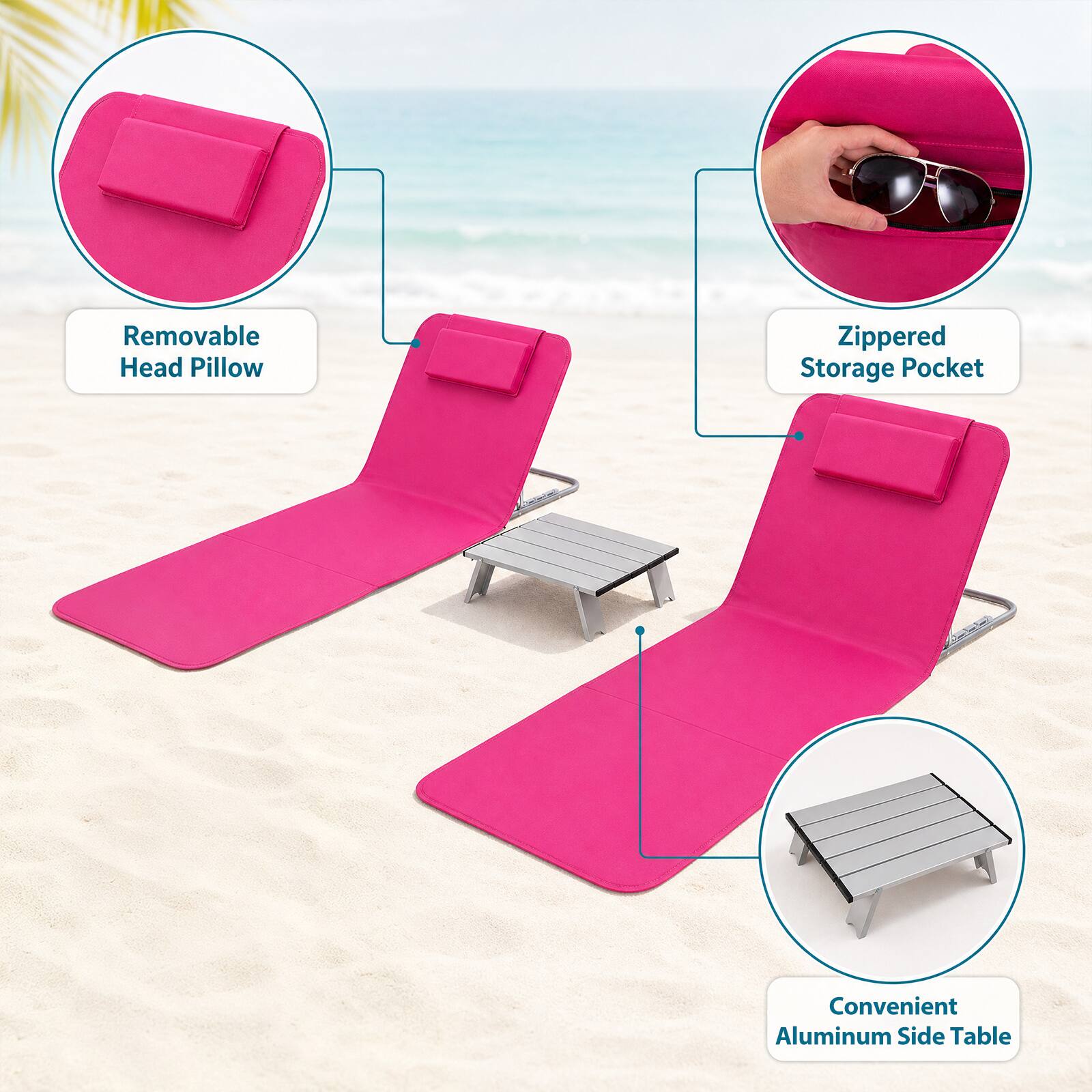 Removable Head Pillow  
Zippered Storage Pocket  
Convenient Aluminum Side Table