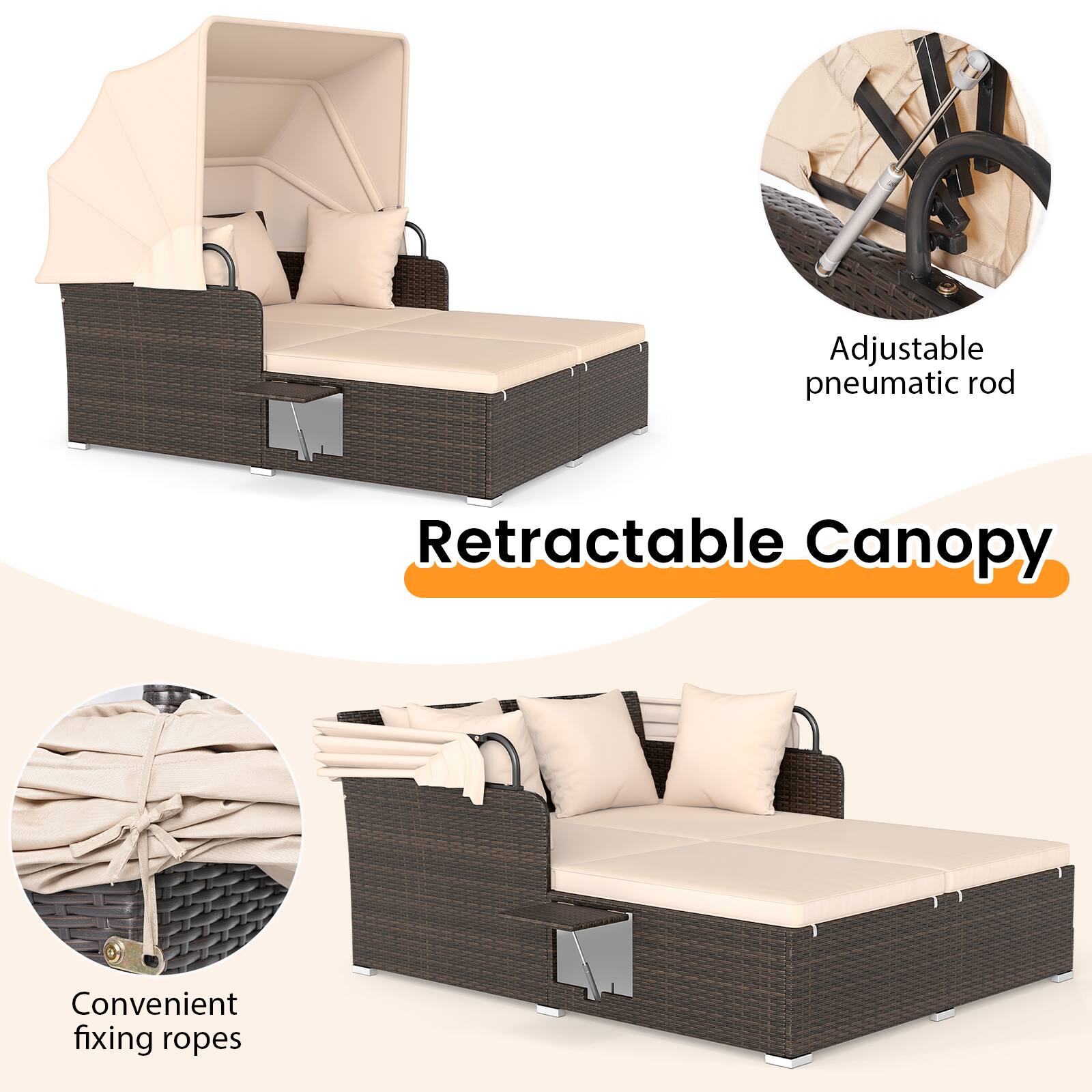 Adjustable pneumatic rod  
Retractable Canopy  
Convenient fixing ropes