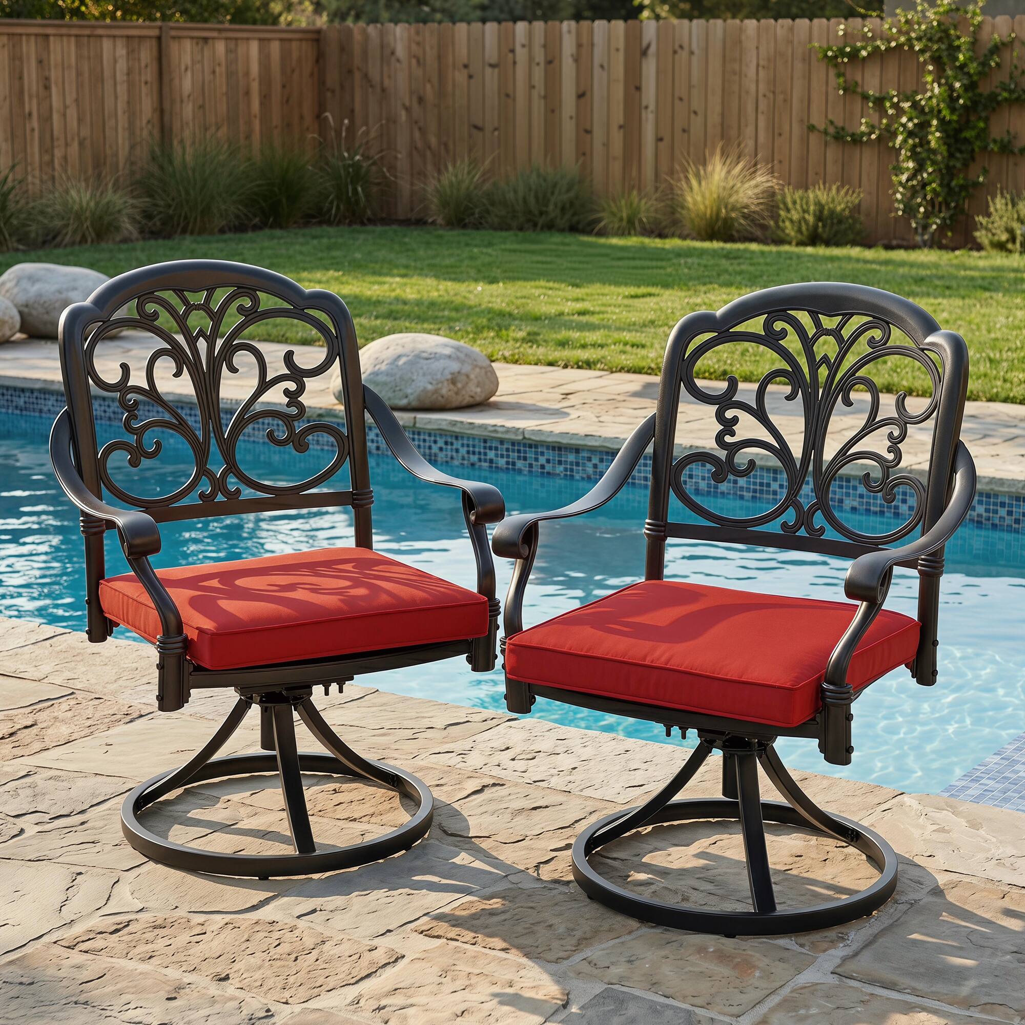 Angle. Nuu Garden - 2-Piece Patio Dining Chairs with Cushions, Cast Aluminum Frame, Swivel Base - Black and Red.
