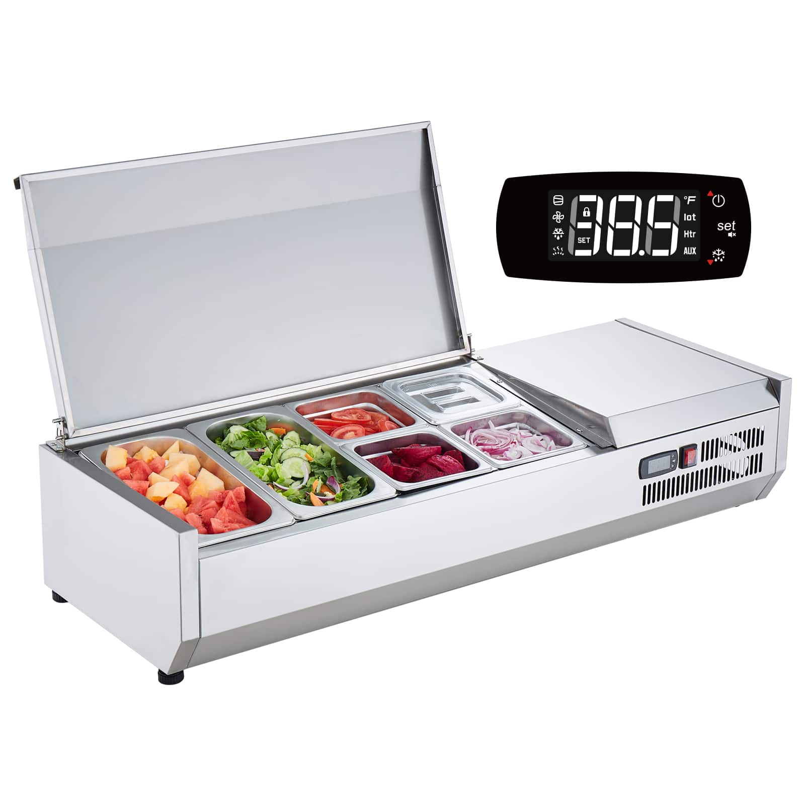 VEVOR - Refrigerated Condiment Prep Station, 135 W Countertop Refrigerated Condiment Station, with 2 1/3 Pans & 4 1/6 Pans - Silver