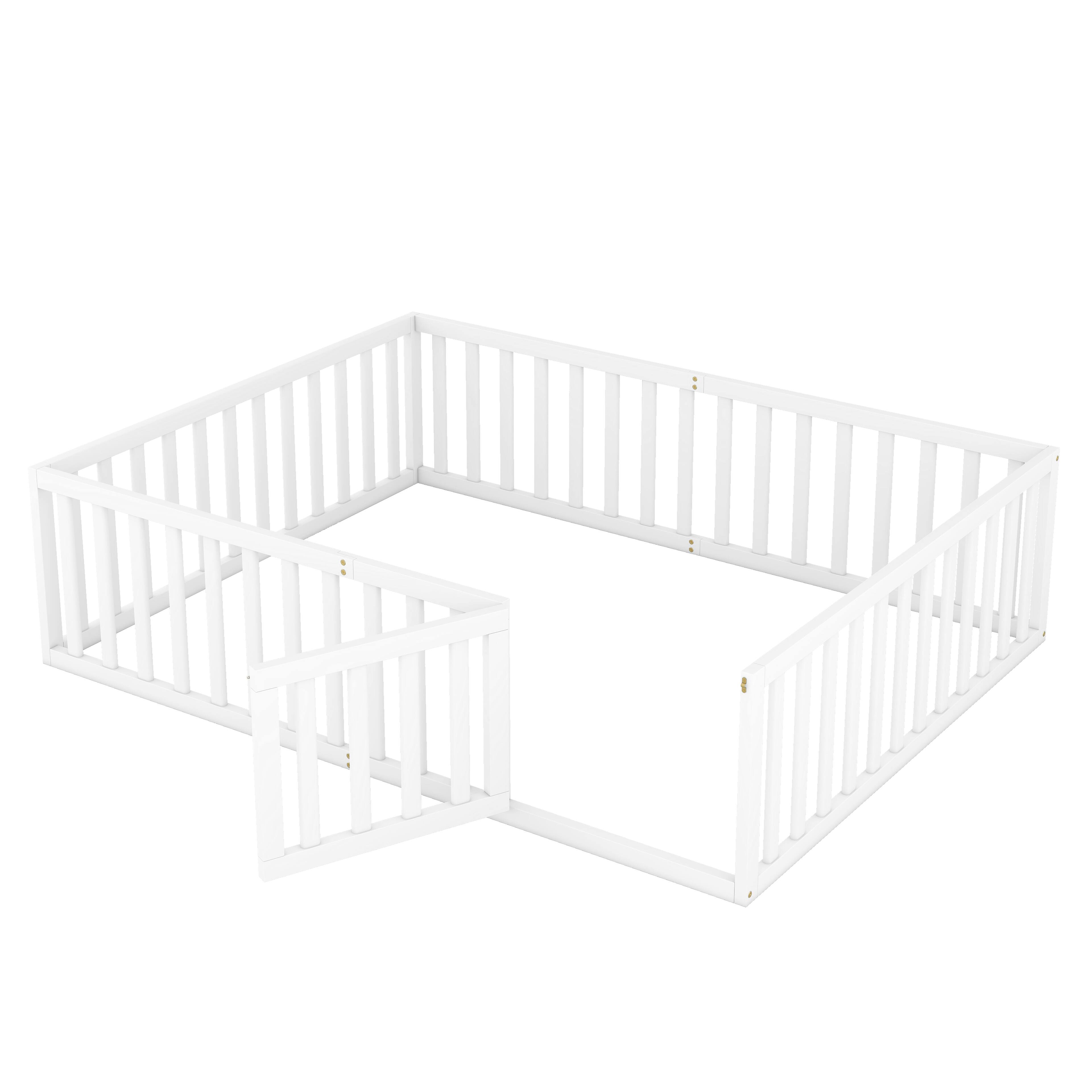 Back. Whisen - Wood Daybed Frame, Montessori Floor Bed with Fence and Door - White.