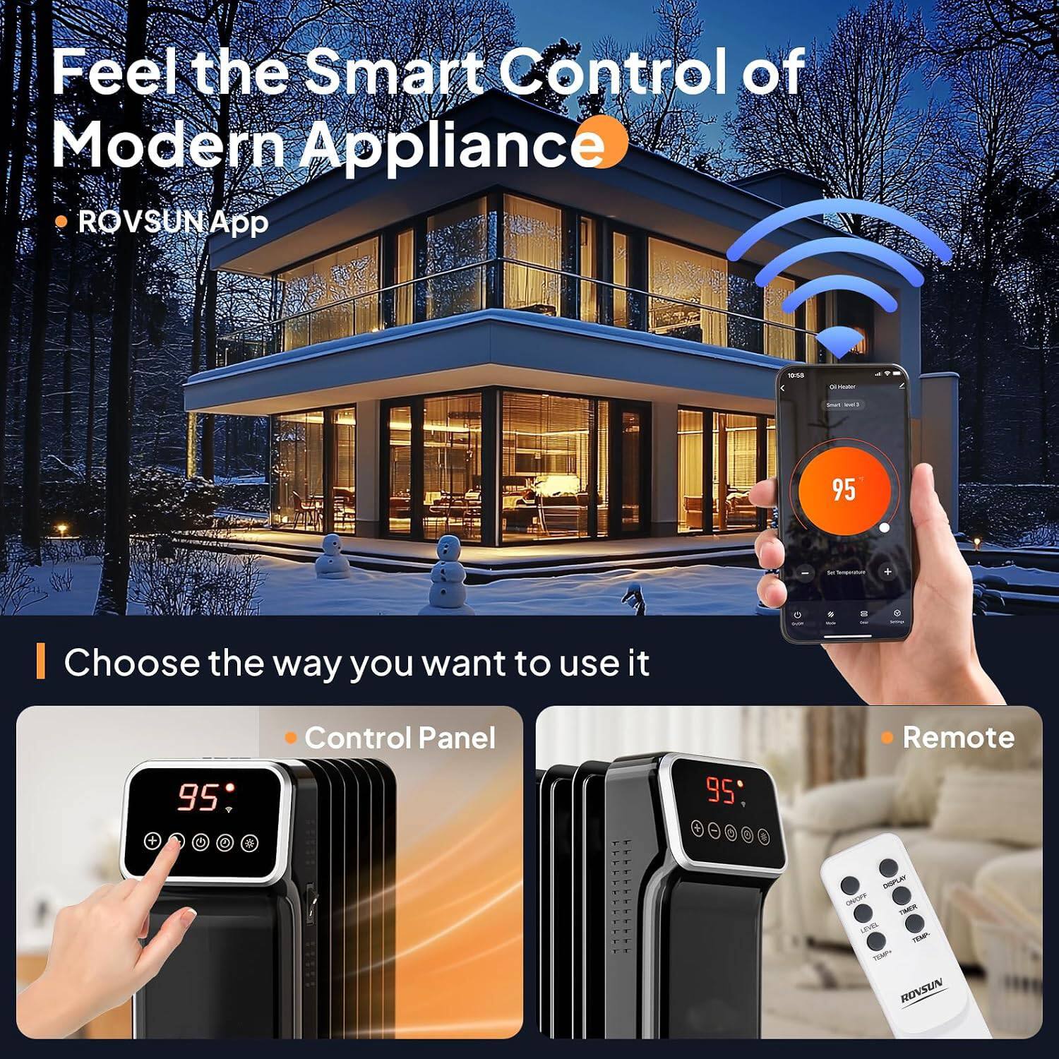 Feel the Smart Control of Modern Appliance  
ROVSUN App

16:58  
0 HAZER  
Clus  
95

Choose the way you want to use it

Control Panel  
95

Remote  
95

DSPU JUDY TIMER unes TEXP TEMPA ROVSUN