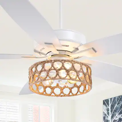 Front. Parrot Uncle - 52" Coastal White Natural Jute Reversible Ceiling Fan with Remote - White.