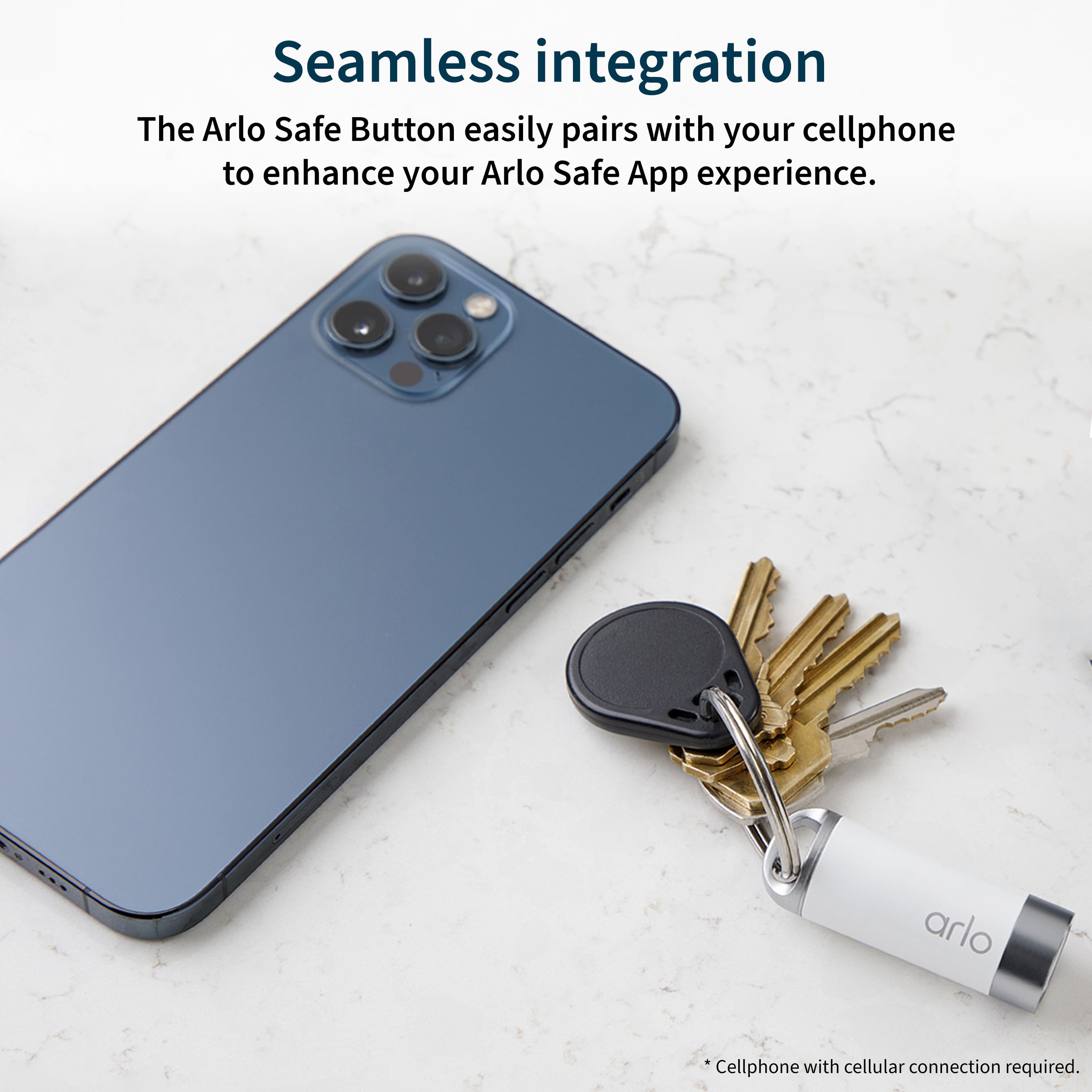 Seamless Integration: The Arlo Safe Button easily pairs with your cellphone to enhance your Arlo Safe App experience. *Cellphone with cellular connection required.