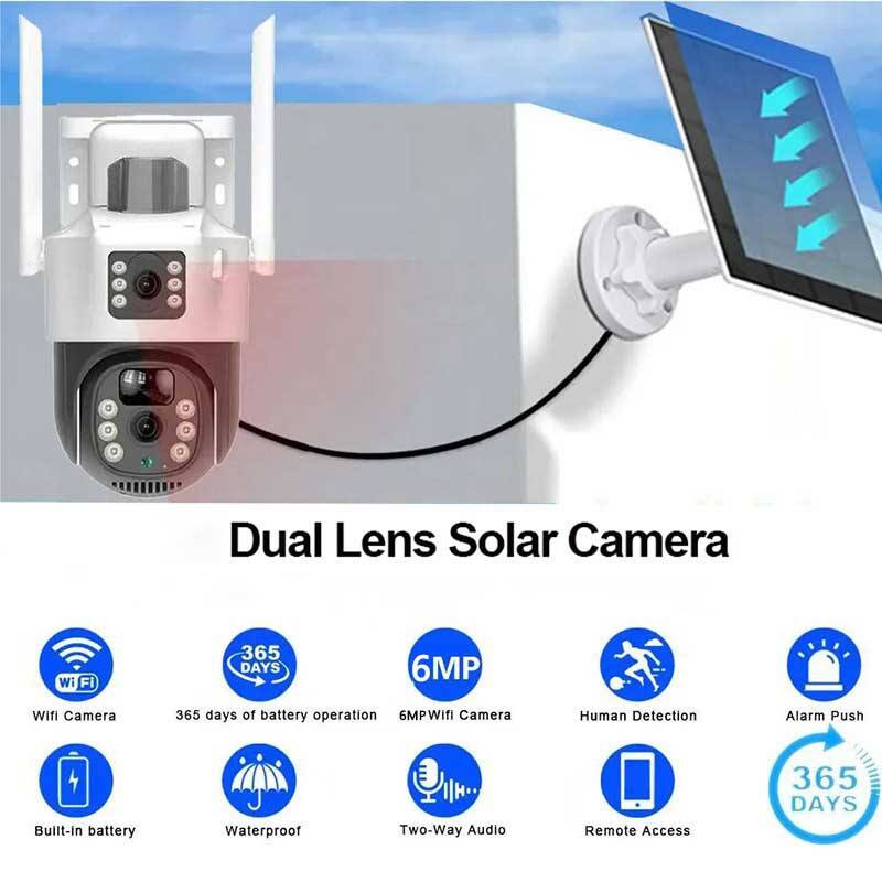 Dual Lens Solar Camera

- Wi-Fi Camera
- 365 days of battery operation
- 6MP Wi-Fi Camera
- Human Detection
- Alarm Push
- Built-in battery
- Waterproof
- Two-Way Audio
- Remote Access
- 365 DAYS