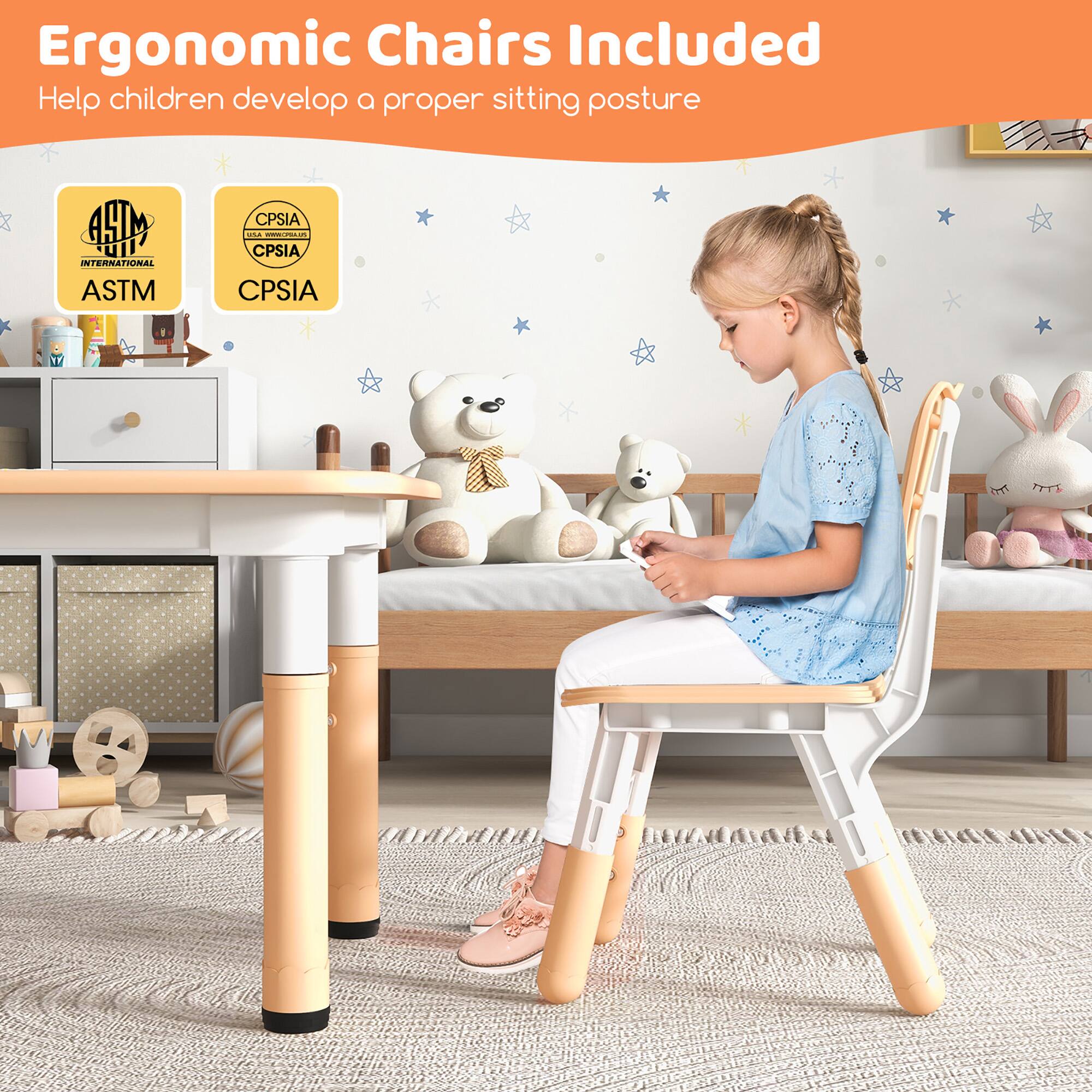Ergonomic Chairs Included  
Help children develop a proper sitting posture  

ASTM International  
CPSIA  
CPSIA