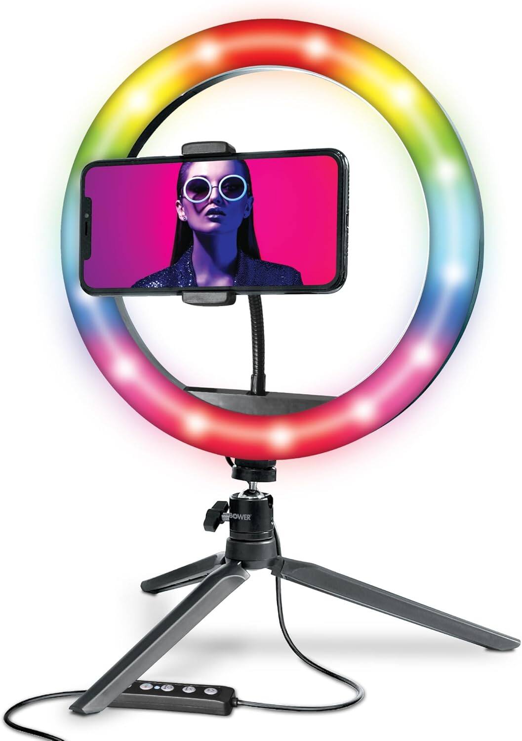 Front. Bower - 10" RGB Selfie Ring Light Studio Kit.