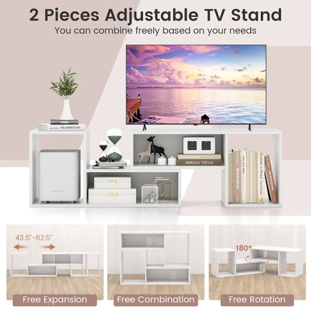 2 Pieces Adjustable TV Stand  
You can combine freely based on your needs  

43.5"–62.5"  
Free Expansion  
Free Combination  
Free Rotation