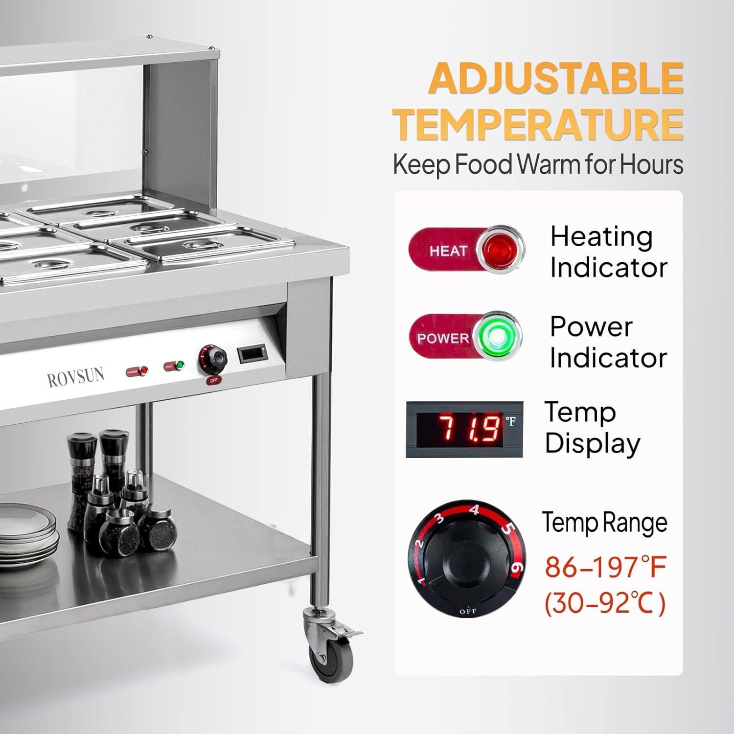 ADJUSTABLE TEMPERATURE  
Keep Food Warm for Hours  

HEAT Heating Indicator  
POWER Indicator  

Temp Display: 71.9°F  

Temp Range: 86-197°F (30-92°C)