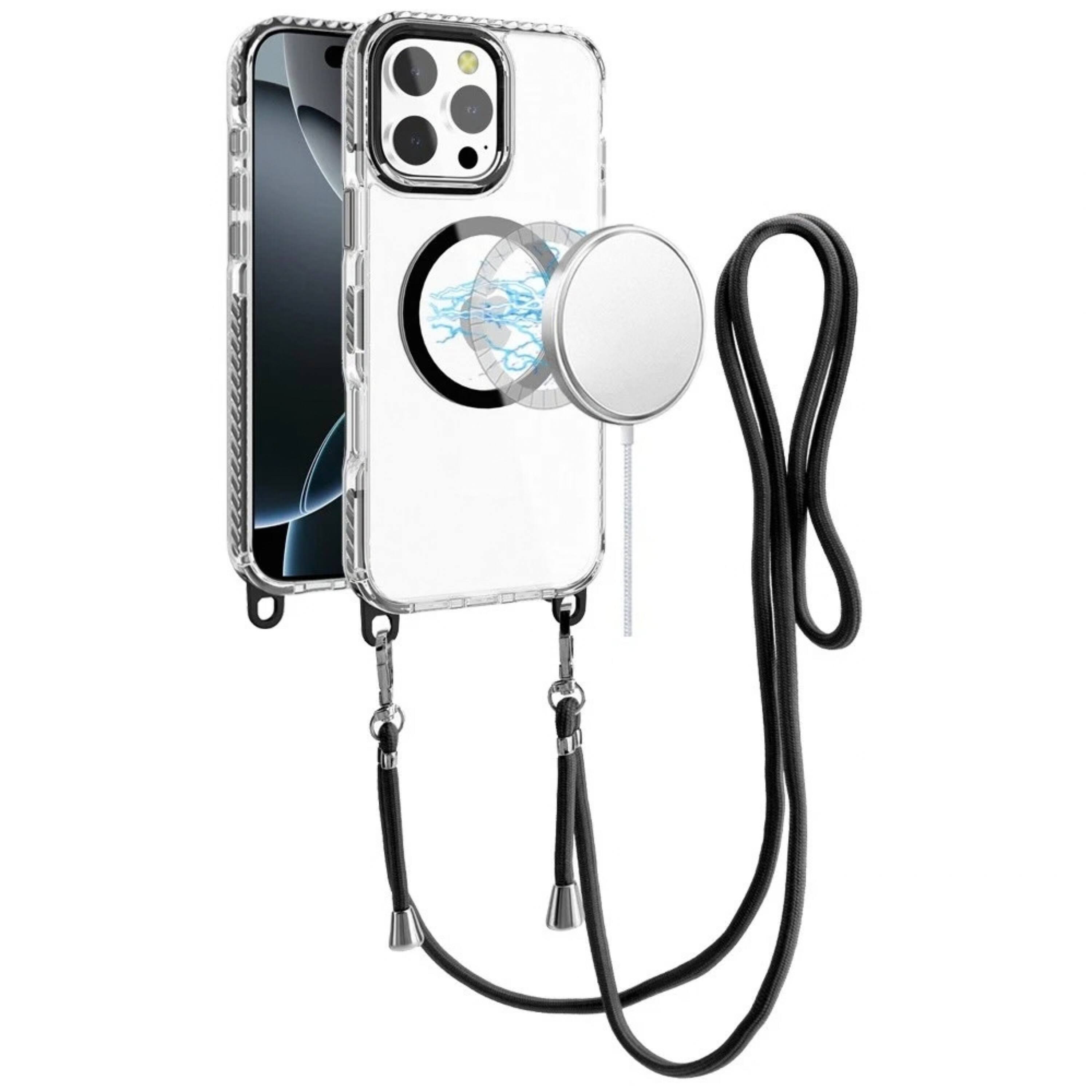 Front. Kitcheniva - Long Lanyard Magnetic Circle Shockproof Phone Case With Tempered Glass For iPhone 16 Pro 6.3 Inch Black - Black.