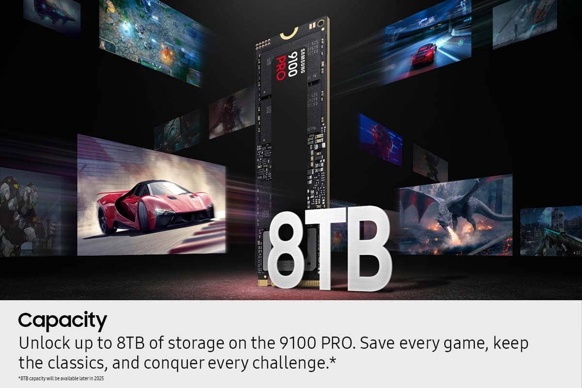 The text on the image reads: "Capacity 8TB of storage on the 9100 PRO. Unlock up to 8TB of storage on the 9100 PRO. Save every game, keep the classics, and conquer every challenge. *8TB capacity will be available later in 2025."