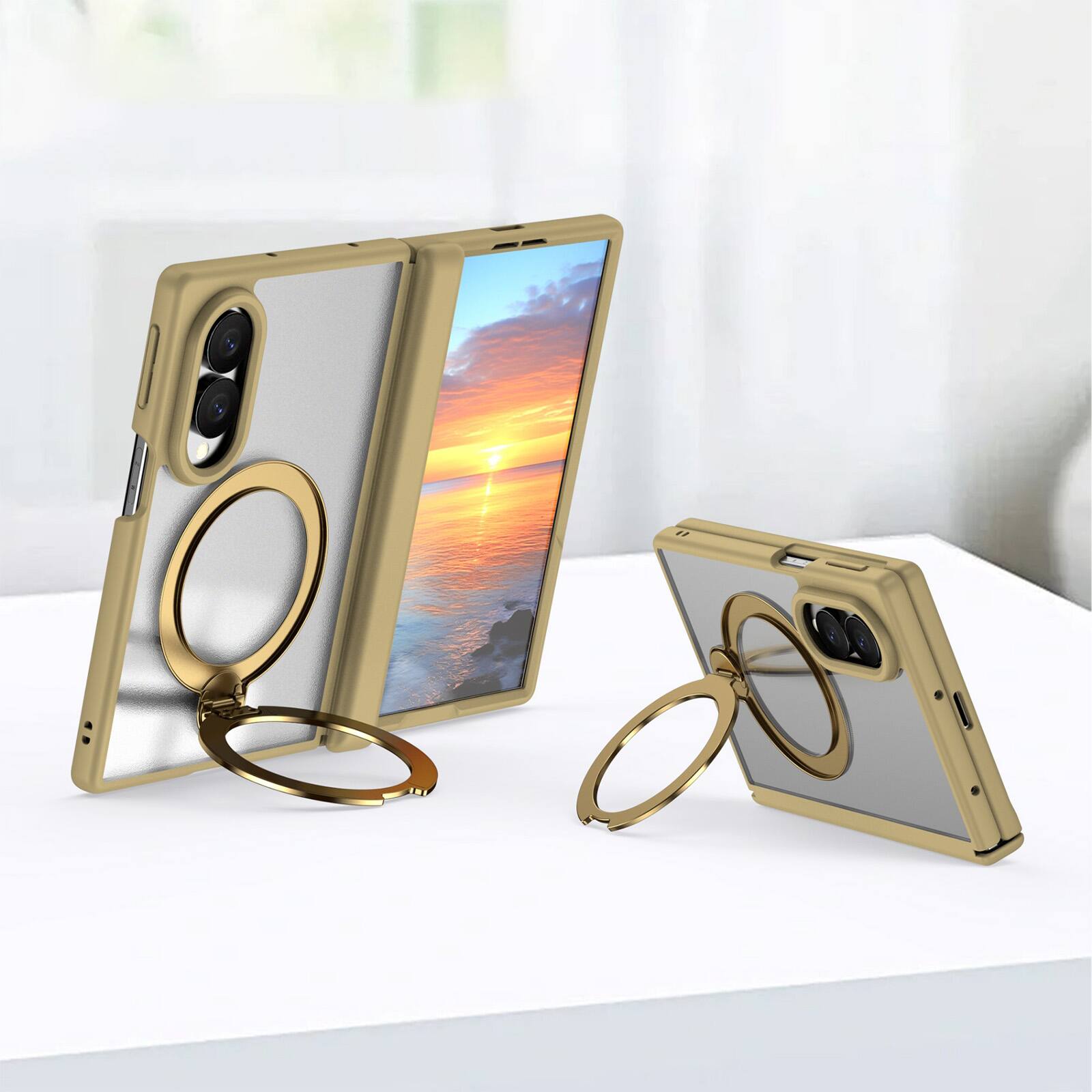 Angle. Dteck - For Samsung Galaxy Z Fold8 Magnetic Case Built-in Screen Protector,Shockproof Ring Stand Clear Back Hinge Protect Cover - Gold.